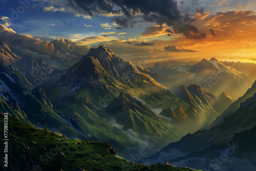 Inspiring Landscapes: Mountain Sunset, Illustration of Grand Mountain Range, Lush Summit, Foggy Hills at Dusk on Cloudy Day
