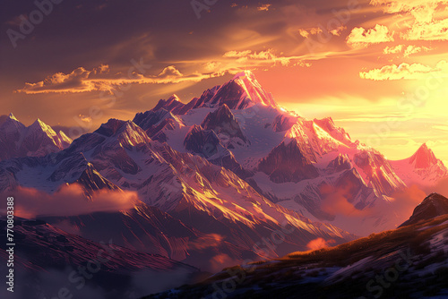 Enchanting Snowy Mountain Landscape: Sunset Panorama, Inspiring Wanderlust with Exquisite Precision