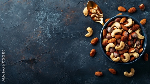 Mixed Nuts in a Bowl on Dark Background - Essential Fats for Healthy Dieting © danter