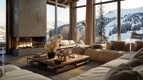 Living room with large windows, showcasing the snowy mountain view outside and plush seating arranged around an elegant fireplace © Chand Abdurrafy