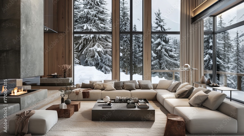 Living room with large windows, showcasing the snowy mountain view outside and plush seating arranged around an elegant fireplace