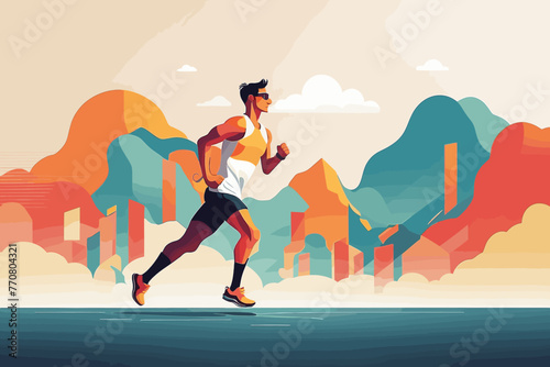 a male running athlete with a sports poster concept. flat vector illustration