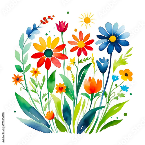 Summer’s Symphony: A Watercolor Floral Ensemble. This image showcases a vibrant collection of summer flowers, painted with watercolor on a pristine white background. 