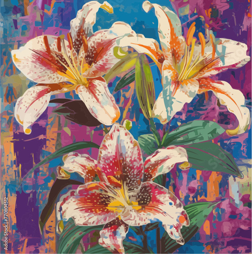 imitation batik of blooming lilies in Pop-Art style