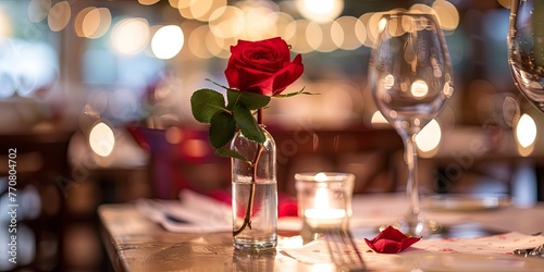 A Moment of Love: Single Red Rose Standing Tall in a Romantic Restaurant