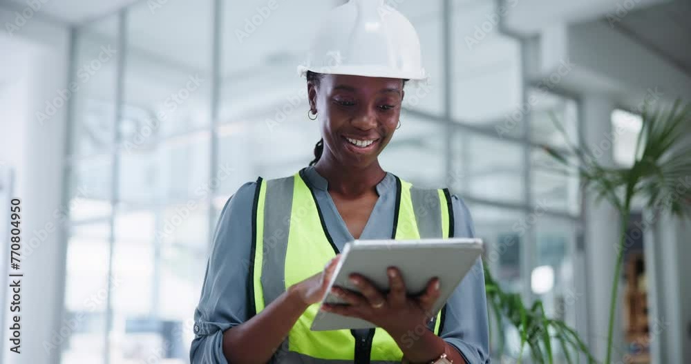Woman, architect and tablet for project planning of building construction, real estate or development. Black person, smile and online with helmet or civil engineering office, contractor or renovation Woman, architect and tablet for project planning of building construction, real estate or development. Black person, smile and online with helmet or civil engineering office, contractor or renovation