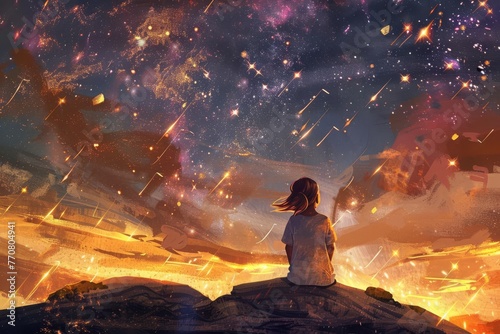 Brave Young Girl Gazing at Shooting Stars from Hilltop, Digital Painting © furyon