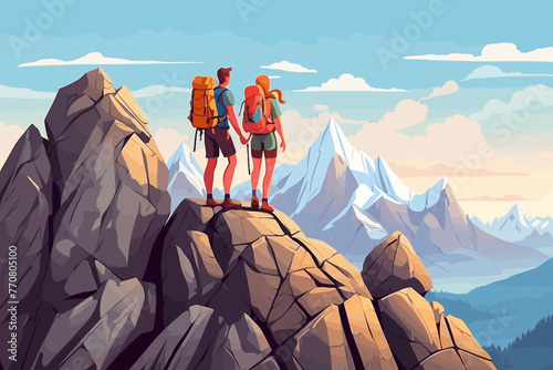 vector illustration of a man and woman climbing a rocky mountain