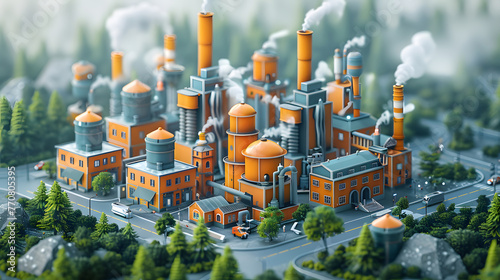 A miniature model of an industrial factory town, with orange buildings and stylized smokestacks amidst a forested landscape photo
