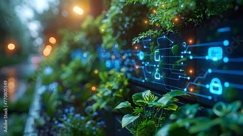 Lush green plants merging with glowing digital icons, depicting the symbiosis of nature and advanced technology in a cityscape