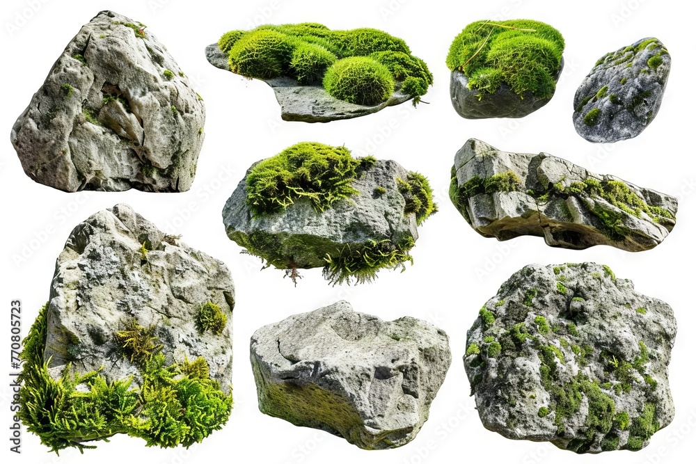 Collection of moss-covered rocks and boulders of various shapes and sizes, isolated on white Collection of moss-covered rocks and boulders of various shapes and sizes, isolated on white