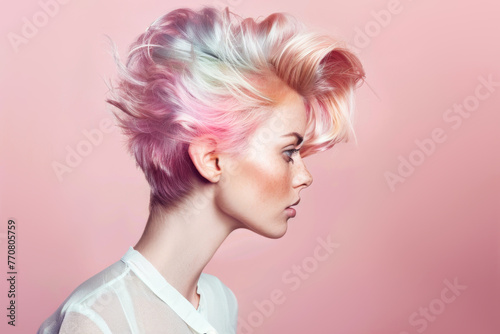 Side profile of a woman with pastel-toned short hair