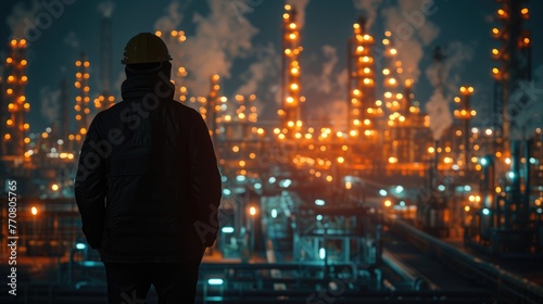  Industrial Twilight Vigil, engineer overlooks the luminous sprawl of an oil refinery at dusk, embodying the energy sector's ceaseless activity and complexity