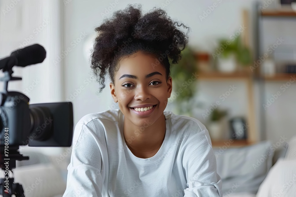 Confident Black female influencer recording engaging video content for her audience