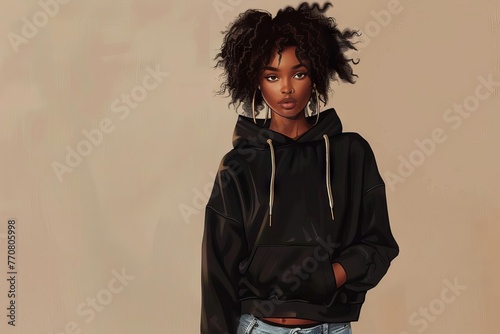 Confident Young African American Woman in Stylish Black Hoodie, Blank Space for Custom Design, Studio Portrait, Digital Painting