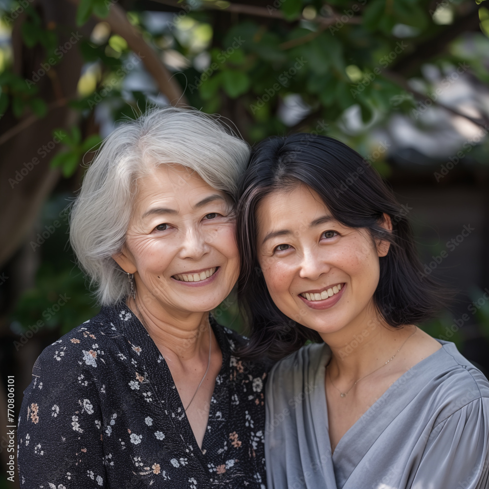 Obraz premium Photo portrait of two Asian women, a mother and her adult daughter, they hugging and smiling, mother's day family concept, natural soft light and colors
