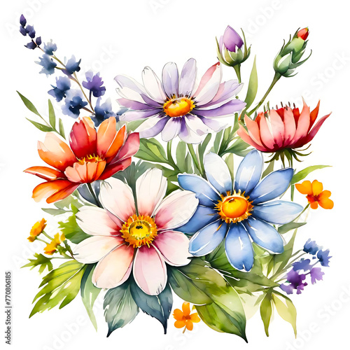 Summer’s Symphony: A Watercolor Floral Ensemble. This image showcases a vibrant collection of summer flowers, painted with watercolor on a pristine white background. 