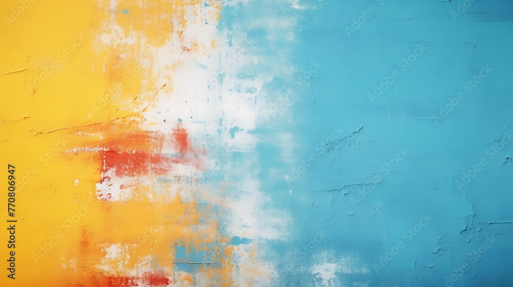 Colorful Paint Roller on Multicolored Surface. Paint roller applying yellow blue on a multicolored wall, close-up, simple, banner template with copy space