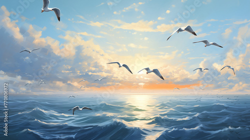 seagulls flying over the sea © qaiser