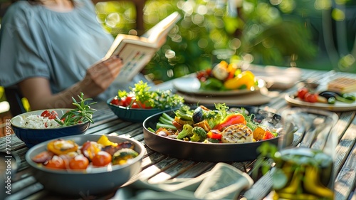 Al Fresco Dining Delight: A Woman Enjoys Reading Amidst a Table Laden with Fresh Summer Salads