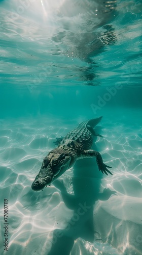 American crocodile swimming in ocean, fog around. Crocodile swimming in river. Beautiful photo.
