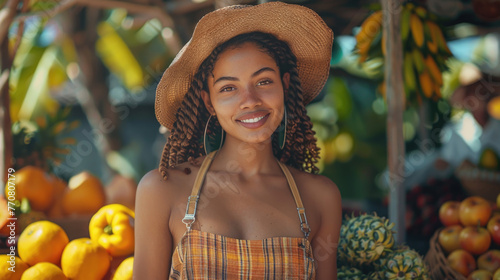 Sunshine Market Freshness, vibrant portrait of a smiling woman with a straw hat, surrounded by fresh fruits at a sunny street market, conveying natural beauty and healthy living