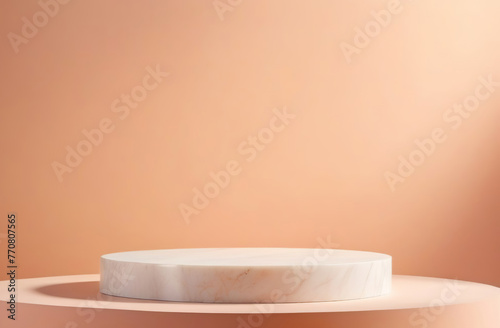 Round Podium for Cosmetic, Soap, Items Presentation. Abstract Minimal Geometric Pedestal. Cylinder One Form, Soft Shadow. Show Product Scene, Object. Showcase, Display Case Stand. Peach Fuzz Backdrop