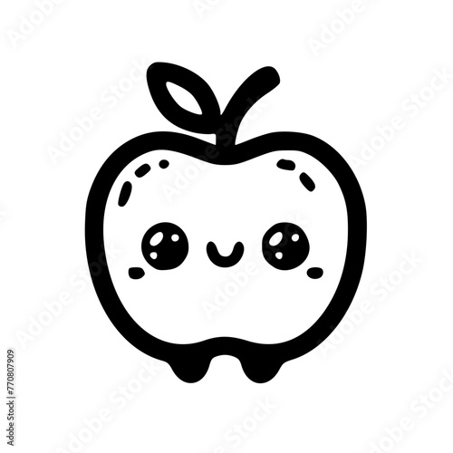 A delightful illustration of a happy apple in black and white doodle art, capturing the simplicity and innocence of a childlike drawing.