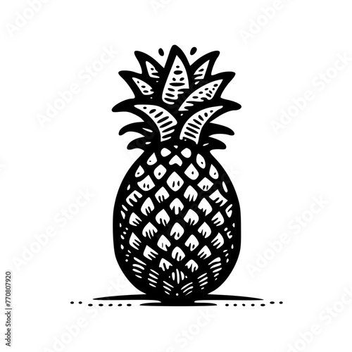 A playful black and white line art doodle of a pineapple with adorable eyes, adding a touch of whimsical charm.