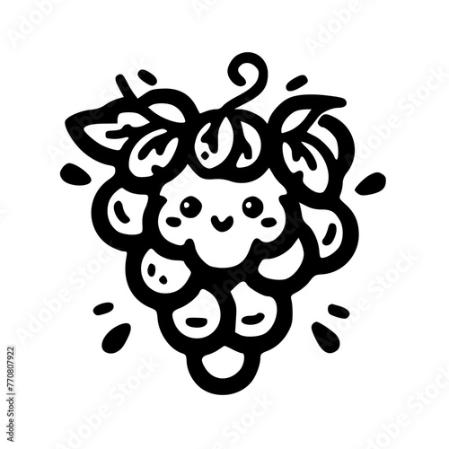 An array of happy grapes come to life in this black and white doodle, each with a joyful face, adding a whimsical touch to the art.