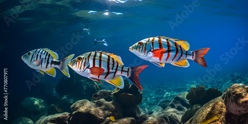 A fish with a yellow and black stripe is swimming in the ocean. Underwater Fish Images 