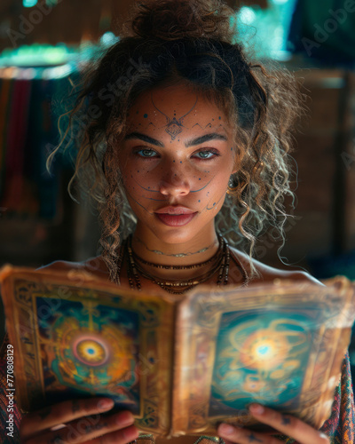 Vertical poster. White gypsy girl with mystical metaphorical tarot card. Beautiful young tanned spanish woman with long curly hair, tattoo on face sits in ethnic clothing looks at camera. Fate, magic