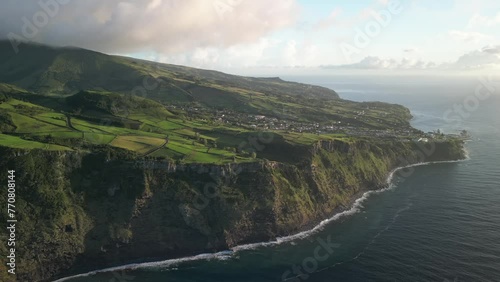 Aerial video of the coastal town of Lajes das Flores Portugal photo