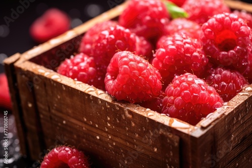 A wooden box full of fresh raspberries