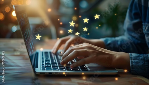 Man rates service & customer experience positively online using laptop, indicating satisfaction with star rating