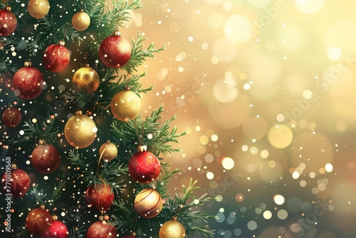 Festive Christmas tree with shimmering red and gold ornaments on a blurred bokeh lights background  holiday digital art