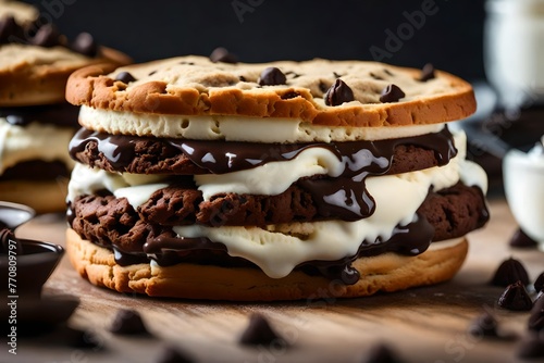vanilla ice cream sandwiched between two chewy chocolate chip cookies