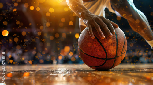 Basketball player is holding basketball ball on a court, close up photo 