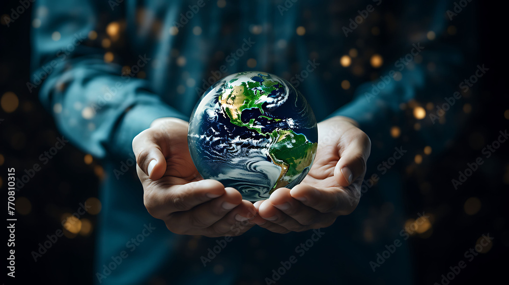 ESG concept: Human hands holding the earth against a green and ecological sustainability background, Elements of this image furnished by NASA - obrazy, fototapety, plakaty 