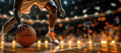 Basketball player is holding basketball ball on a court, close up photo   © DELstudio