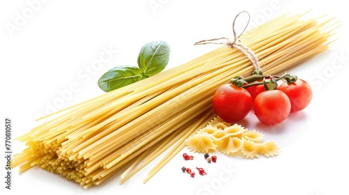 pasta ingredients atop a pristine white background, photographed from above, offering a panoramic view of culinary essentials.