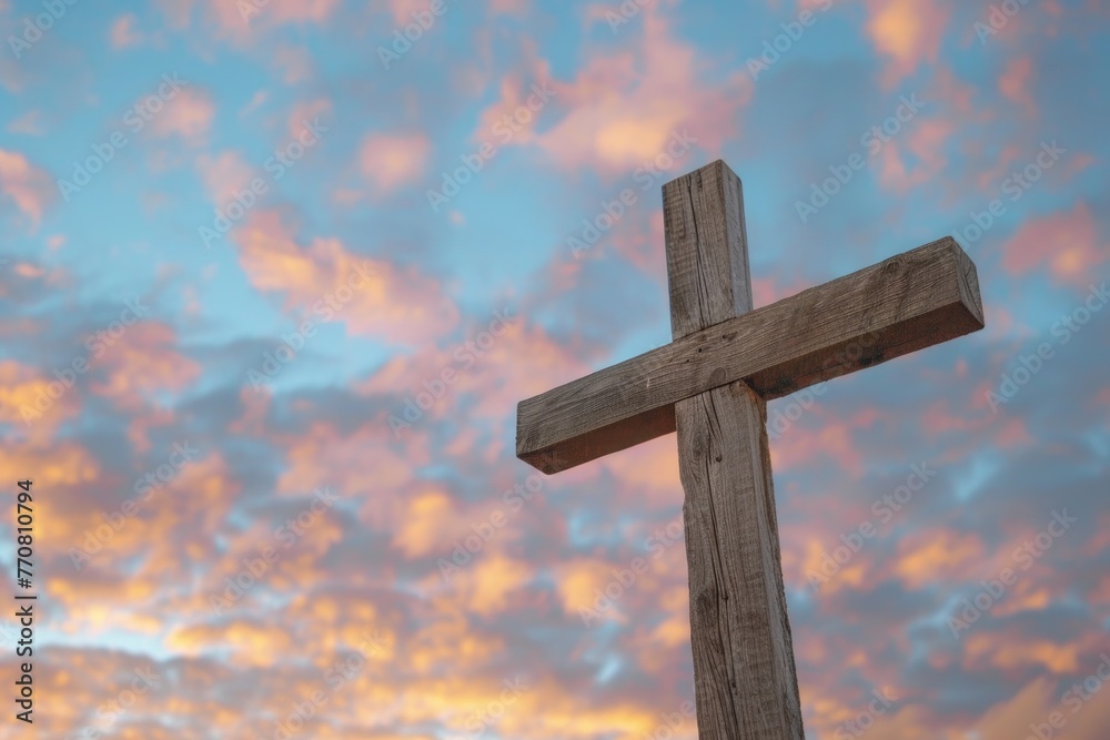 Wooden cross under celestial light, stark against dawn sky, Jesus Christs essence, peaceful aura Wooden cross under celestial light, stark against dawn sky, Jesus Christs essence, peaceful aura