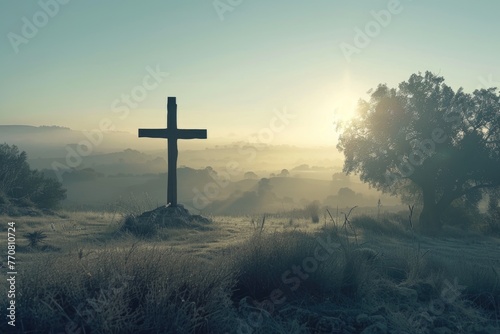 Lone wooden cross, radiant from above, tangible Jesus Christ presence, early morning, serene landscape