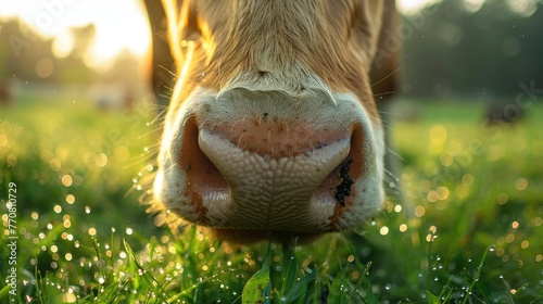 Cow Grazing in Field at Sunrise Close-Up