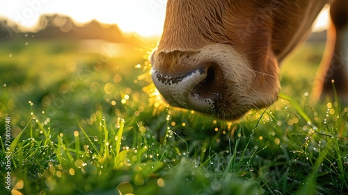 The cow, bathed in the warm hues of sunrise, leisurely nibbled on grass in the field