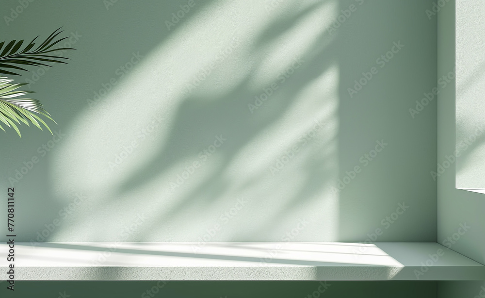 White table mockup on bright pastel green background with branch shadows on the wall. Mock up for branding products, presentation and health care. White table mockup on bright pastel green background with branch shadows on the wall. Mock up for branding products, presentation and health care.