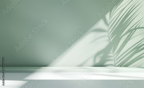 Bright pastel green background with palm shadows on the wall. White table mockup. Mock up for branding products  presentation and health care. 