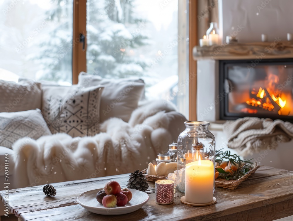 Cozy living room with snow outside the window, featuring an elegant white sofa and soft fur throw on it. A wooden coffee table is adorned with candles in glass jars and small fruits or vegetables