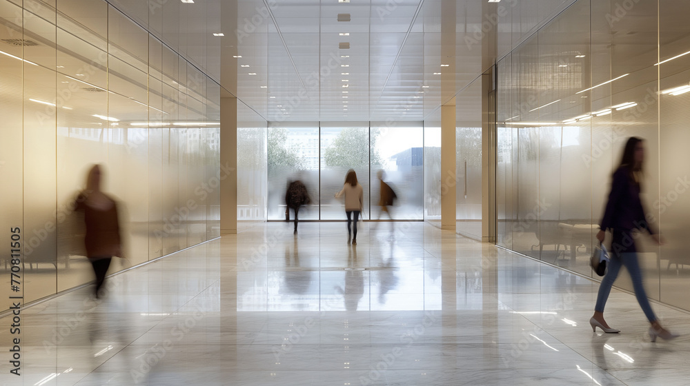 Fototapeta premium Motion blur of people walking rapidly in corporate building hallway