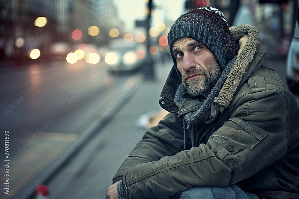 Homeless man on city street, symbol of inflation and rising housing costs Homeless man on city street, symbol of inflation and rising housing costs